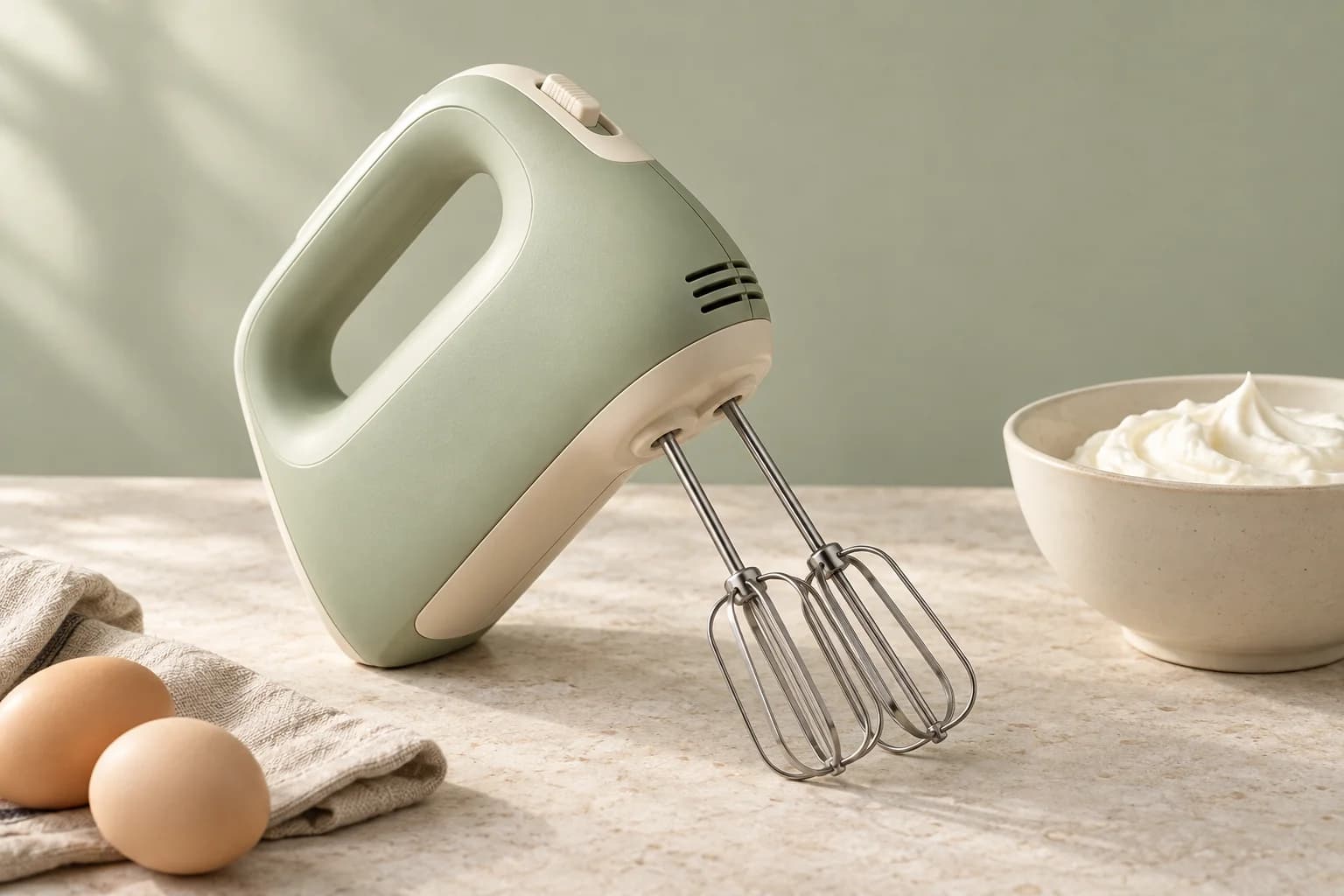 A sage green hand mixer and a bowl of whipped cream on a kitchen counter.
